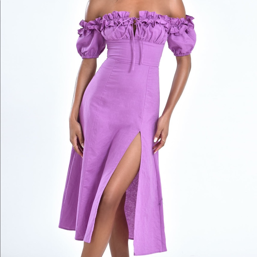 SOLD OUT QUINLEY LILAC OFF THE SHOULDER LINEN MIDI DRESS